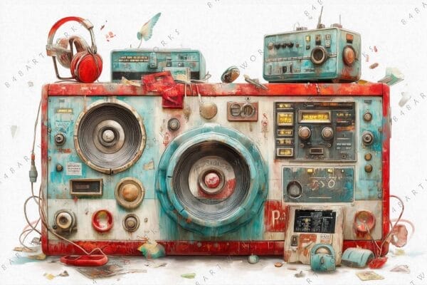 Vintage-style digital painting of a colorful retro radio with headphones and gadgets.