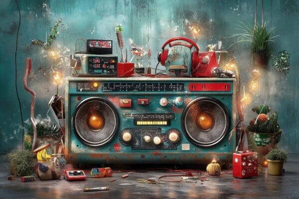 "Digital artwork of a vintage radio with headphones, vibrant teal and red colors."