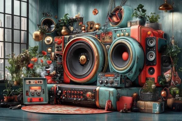 Digital art of oversized retro speakers and electronics in a plant-filled room.