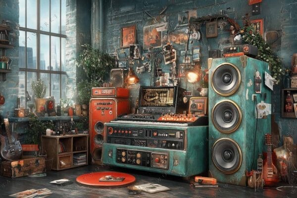Digital artwork of a vintage music studio with large turquoise speakers and red equipment.