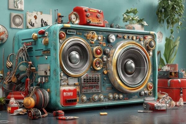 "Retro-style digital art of a large vintage radio in teal and red colors."