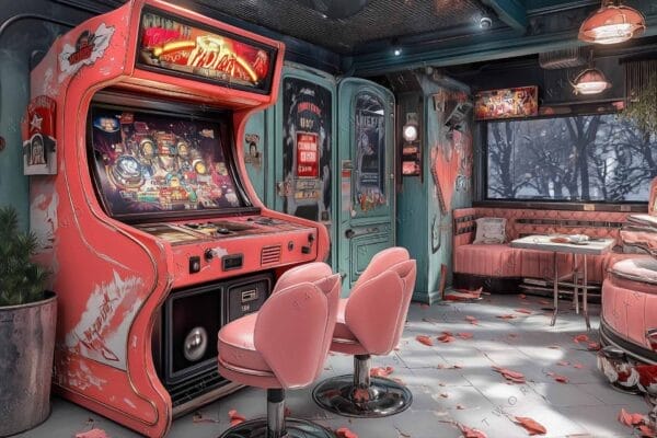 Retro digital painting of a pink arcade machine in a vintage diner setting.