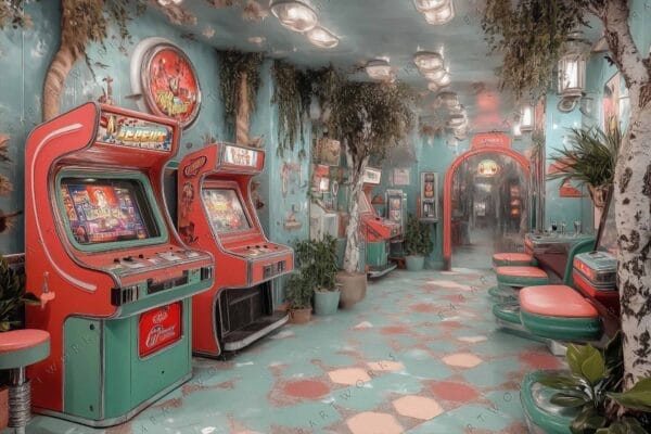 "Vintage-style digital art of a retro arcade with vibrant red and teal machines."
