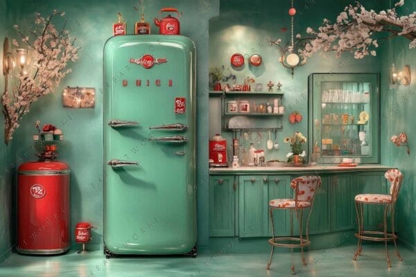 Retro-style digital art of a vintage teal kitchen with red accents and blossom decor.
