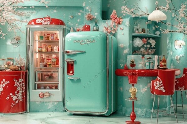 Vintage-style digital artwork of a teal and red kitchen with floral accents.