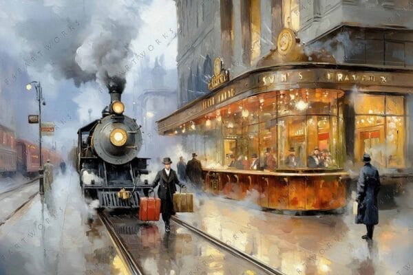 Oil painting of a vintage steam train at a bustling station in warm tones.