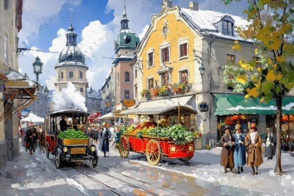 Oil painting of a bustling winter street scene with vintage cars and colorful buildings.