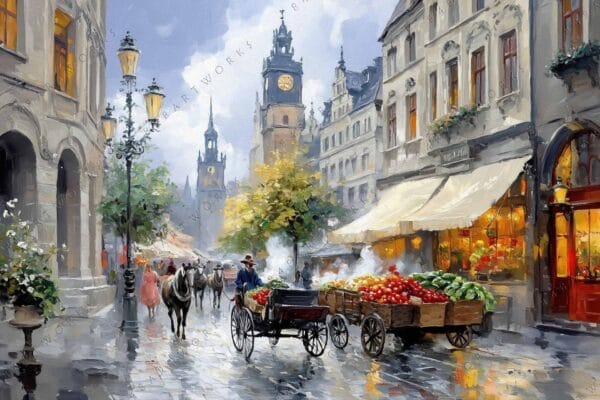 Oil painting of a horse-drawn cart in a rainy European street with clock tower.