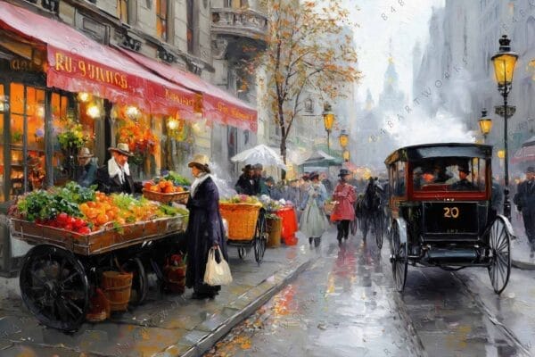 Impressionist painting of a bustling city street with fruit vendors and horse-drawn carriage.