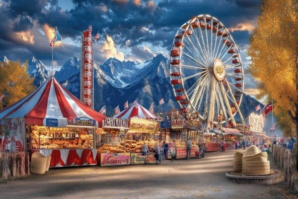 Digital painting of a vibrant carnival with a Ferris wheel against snowy mountains.