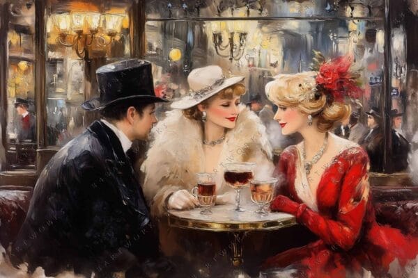 Oil painting of elegantly dressed people in 1920s cafe setting with warm lighting.