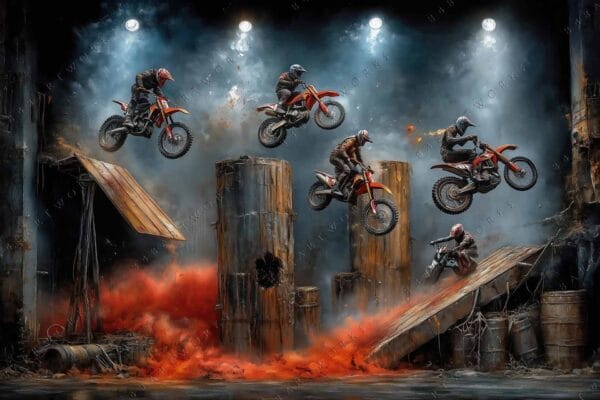 "Dynamic digital art of motocross riders jumping amidst industrial scenery with red and gray tones."