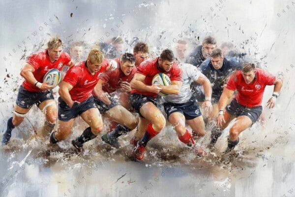 "Dynamic digital painting of rugby players in red and white jerseys, splashing through mud."