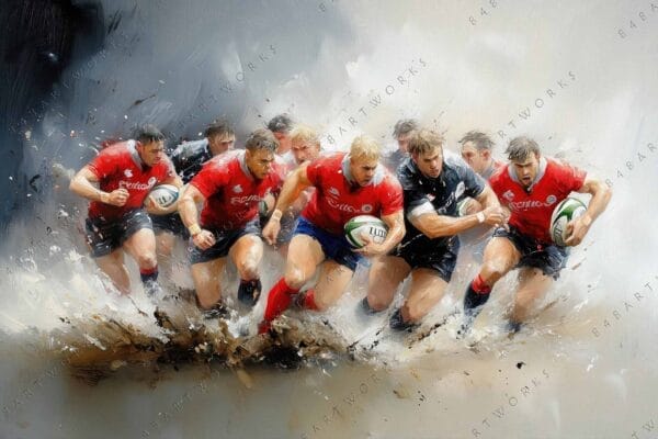 Digital painting of rugby players in motion, wearing red and black uniforms.