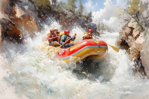 "Digital painting of rafters navigating rapids in a red inflatable boat."