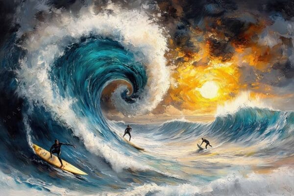 "Dynamic digital painting of surfers riding large waves under a dramatic orange sunset."