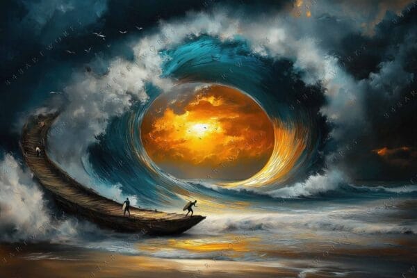 "Surreal digital painting of a giant wave swirling around a fiery sunset sky."