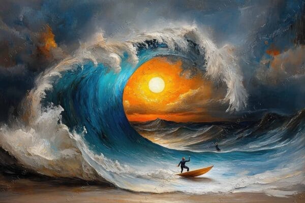 Oil painting of surfers on giant wave, with vibrant sunset sky in background.