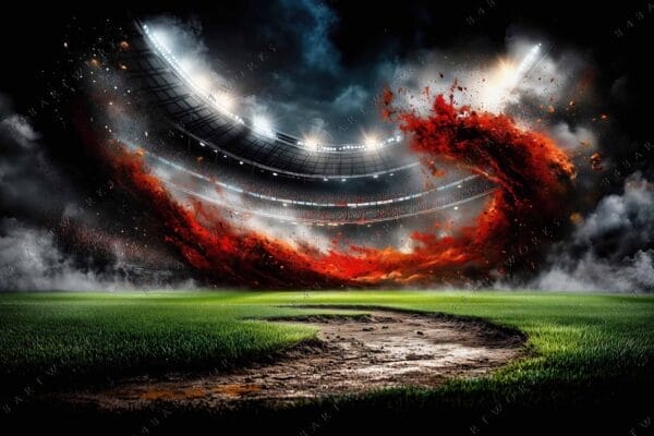 "Digital artwork of a stadium with dramatic swirling red dust and bright lights."