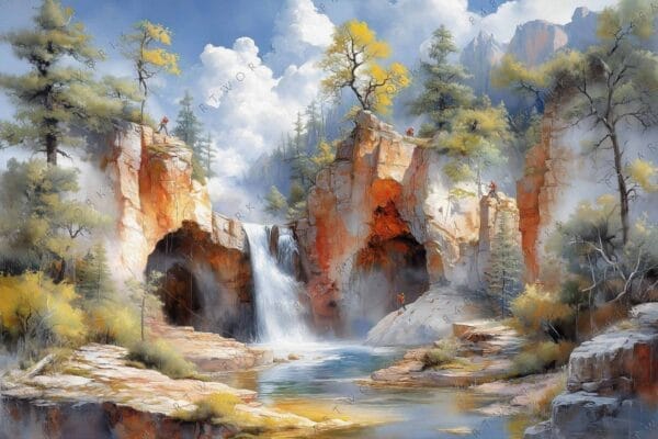 Digital painting of a serene waterfall landscape with rocky cliffs and lush trees.