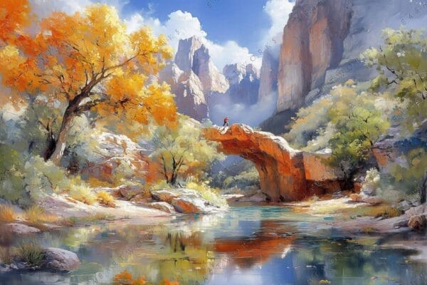 Impressionist painting of a red rock arch with autumn trees and a reflective pond.