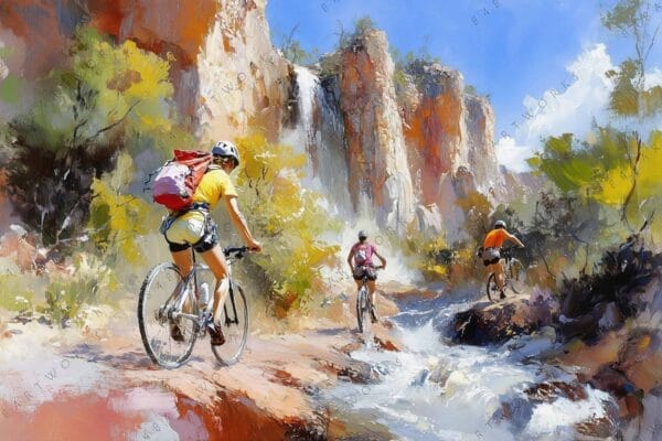 Impressionist painting of cyclists on a rocky trail by a waterfall in sunlight.