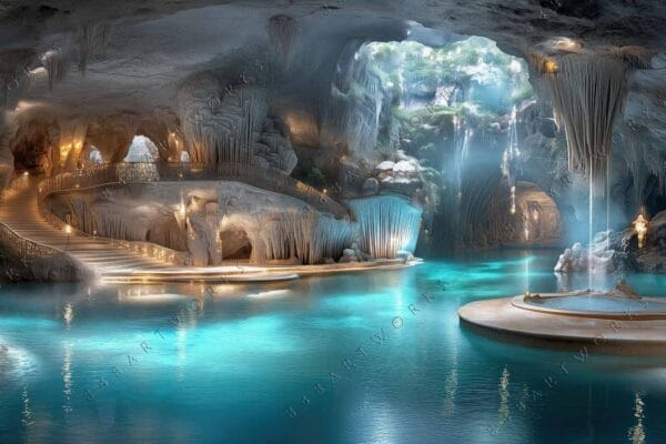 "Digital artwork of a luminous cave interior with turquoise waters and stalactite formations."