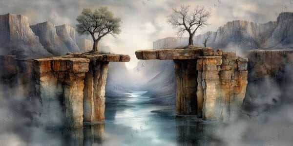"Surreal digital painting of two cliff edges over misty canyon with trees."