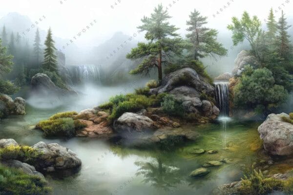 "Realistic digital painting of a serene forest with waterfalls and misty mountains."
