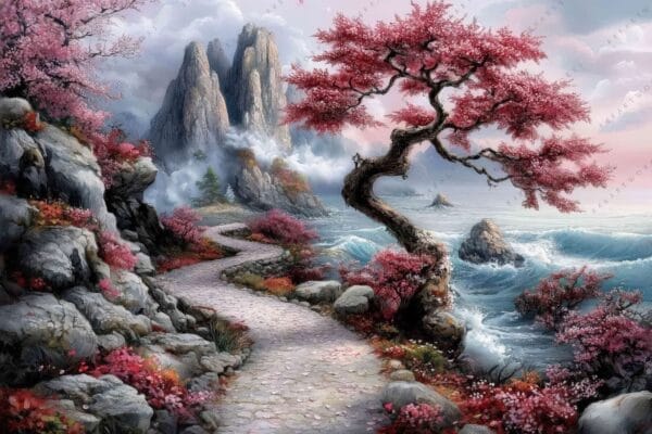 "Digital painting of a coastal path with pink blossoms and distant rocky mountains."