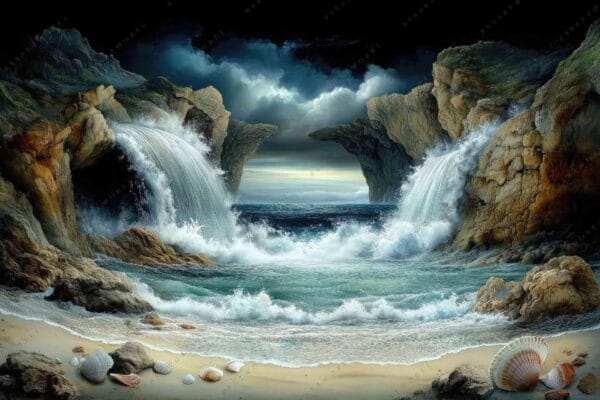 "Surreal digital art of cascading waterfalls and seashells on a rocky coastal landscape."