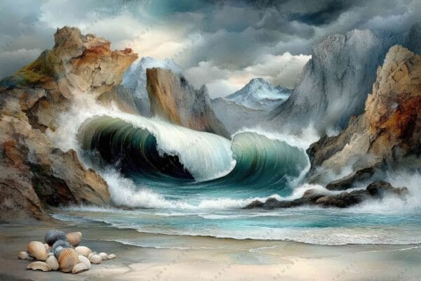"Surreal digital painting of turbulent waves and rocky cliffs in muted earth tones."