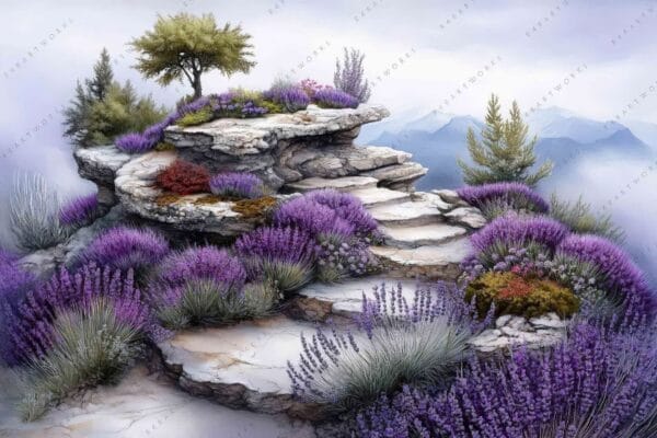 "Digital painting of a rocky garden with vibrant purple flowers and distant mountains."