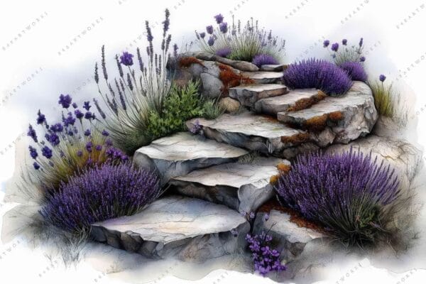 Watercolor painting of lavender and stones with a soft purple and gray palette.