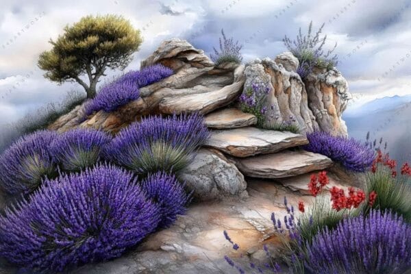 "Digital painting of rocky hillside with lavender bushes and a lone tree under cloudy sky."