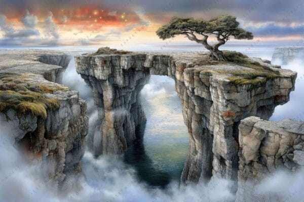 Surreal digital art of a lone tree on rocky cliffs under orange sunrise sky.