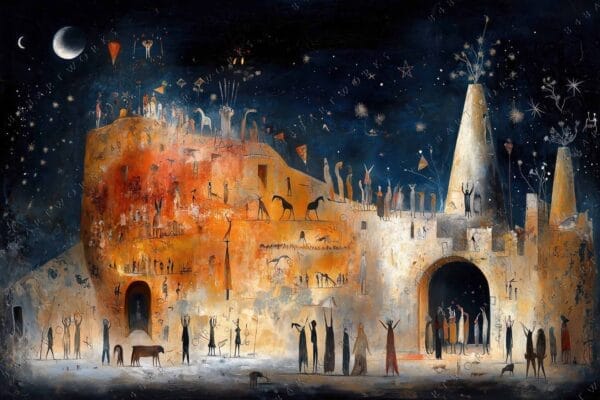 "Surreal digital painting of a starry night with abstract figures on terracotta structures."