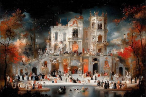 "Romantic painting of elegant figures at a grand palace against a dark, moody sky."