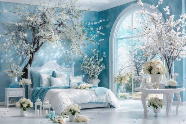 Elegant bedroom with teal walls, white bedding, and cherry blossom decor.