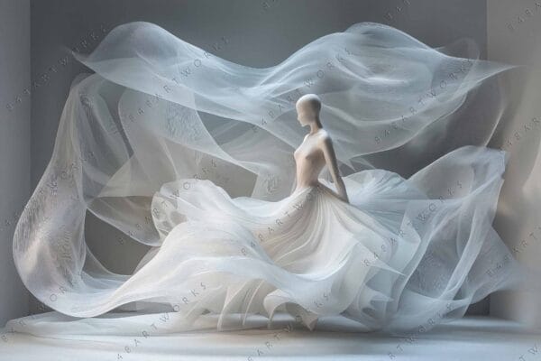 "Digital art of a faceless figure with flowing translucent fabric in soft tones."