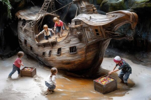 Children playing around a wooden ship sculpture with colorful balls.