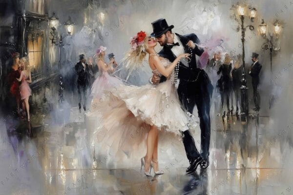 Elegant oil painting of a couple dancing in vintage evening attire, under streetlights.
