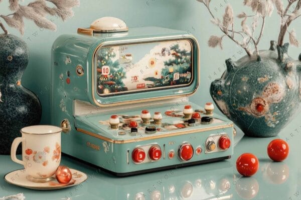 "Retro teal arcade machine with decorative vases and a floral cup on turquoise background."